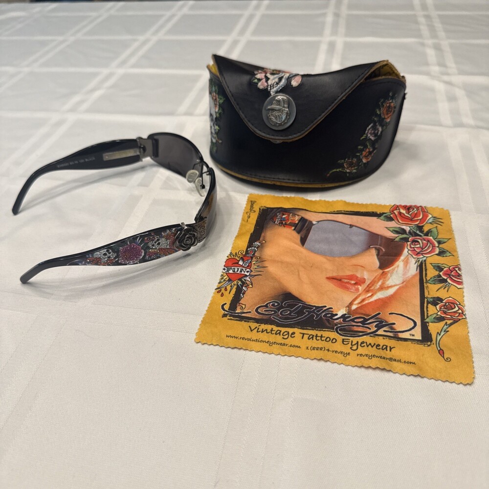 Vintage Ed Hardy Sunglasses Skull Rose Butterfly Tattoo Vintage Y2K With Case
